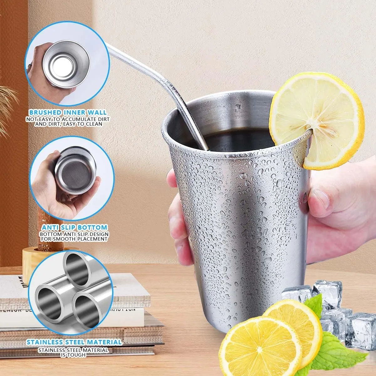 5 Pack 16 Ounce Stainless Steel Pint Cups Shatterproof Cup Tumblers Unbreakable Metal Drinking Glasses for Bar, Home, Restaurant