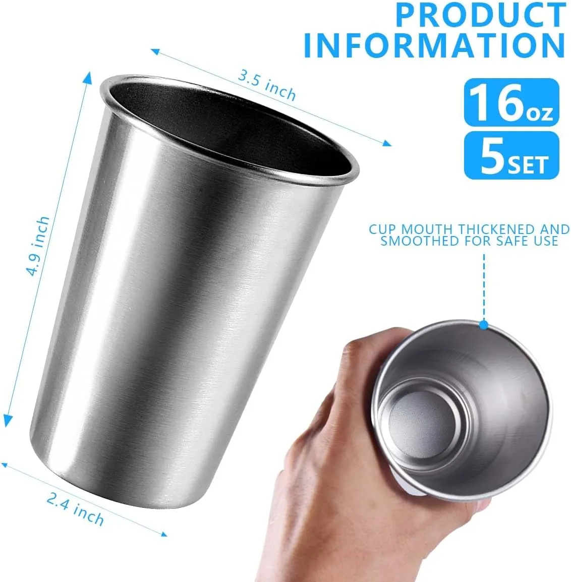 5 Pack 16 Ounce Stainless Steel Pint Cups Shatterproof Cup Tumblers Unbreakable Metal Drinking Glasses for Bar, Home, Restaurant
