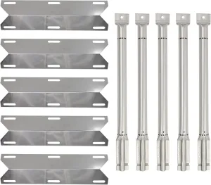5-Pack BBQ Gas Grill Tube Burner & Heat Shield Plate Tent Replacement Parts for Charmglow 720-0396 - Compatible Barbeque Stainless Steel Pipe Burners & Flame Tamer, Guard, Deflector, Flavorizer Bar