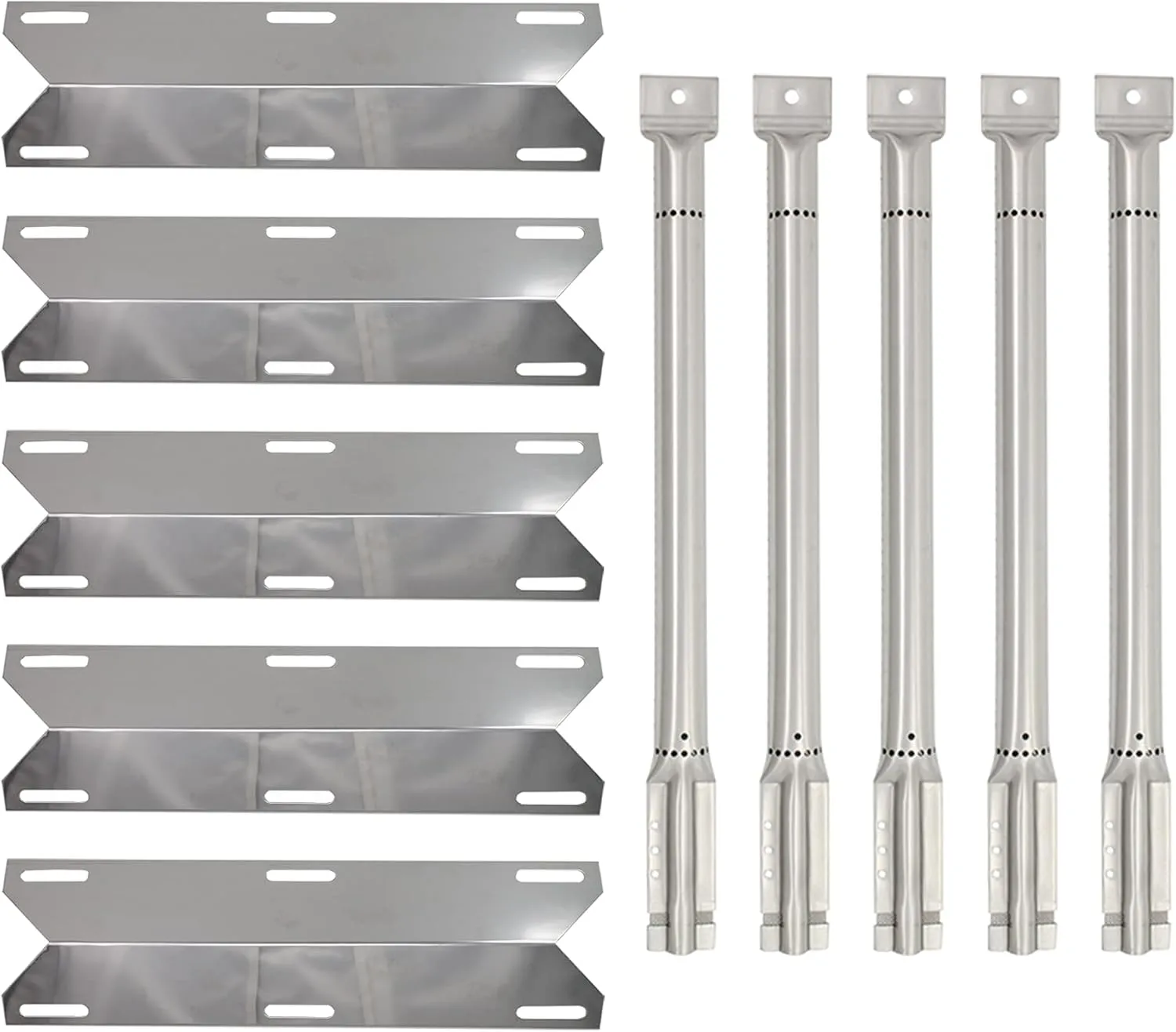 5-Pack BBQ Gas Grill Tube Burner & Heat Shield Plate Tent Replacement Parts for Charmglow 720-0396 - Compatible Barbeque Stainless Steel Pipe Burners & Flame Tamer, Guard, Deflector, Flavorizer Bar