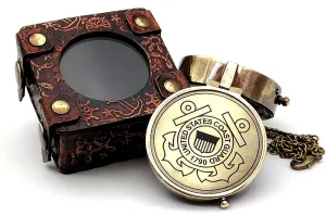 5MoonSun5's US Coast Guard Engraved Brass Military Compass Nautical Marine Gift A Perfect and Unique Gift for Army Person Survival Navigation Compass for Hiking Camping with Leather Display Case
