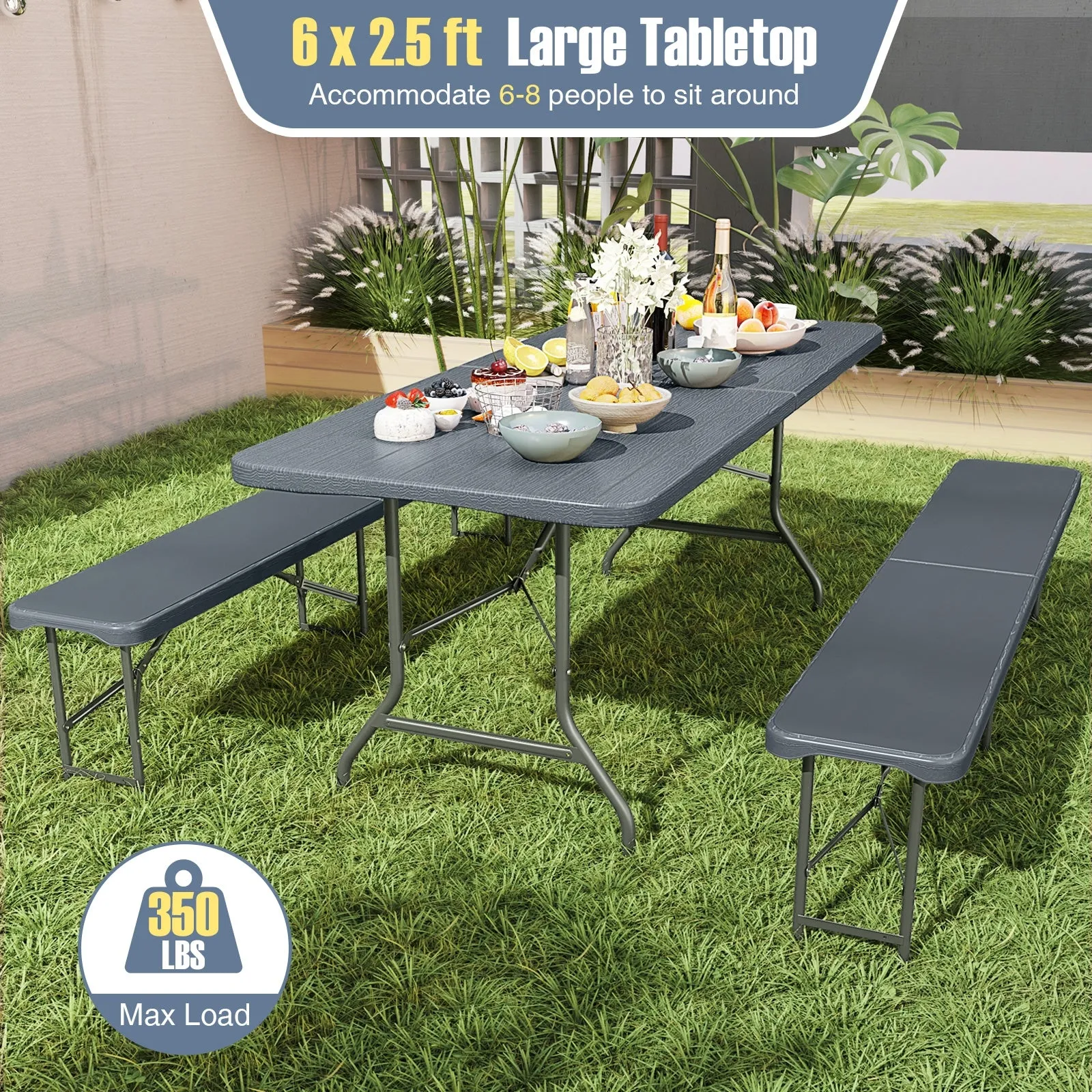 6 Feet Folding Table with Wood Grain HDPE Tabletop and Safe Lock Mechanism-Gray