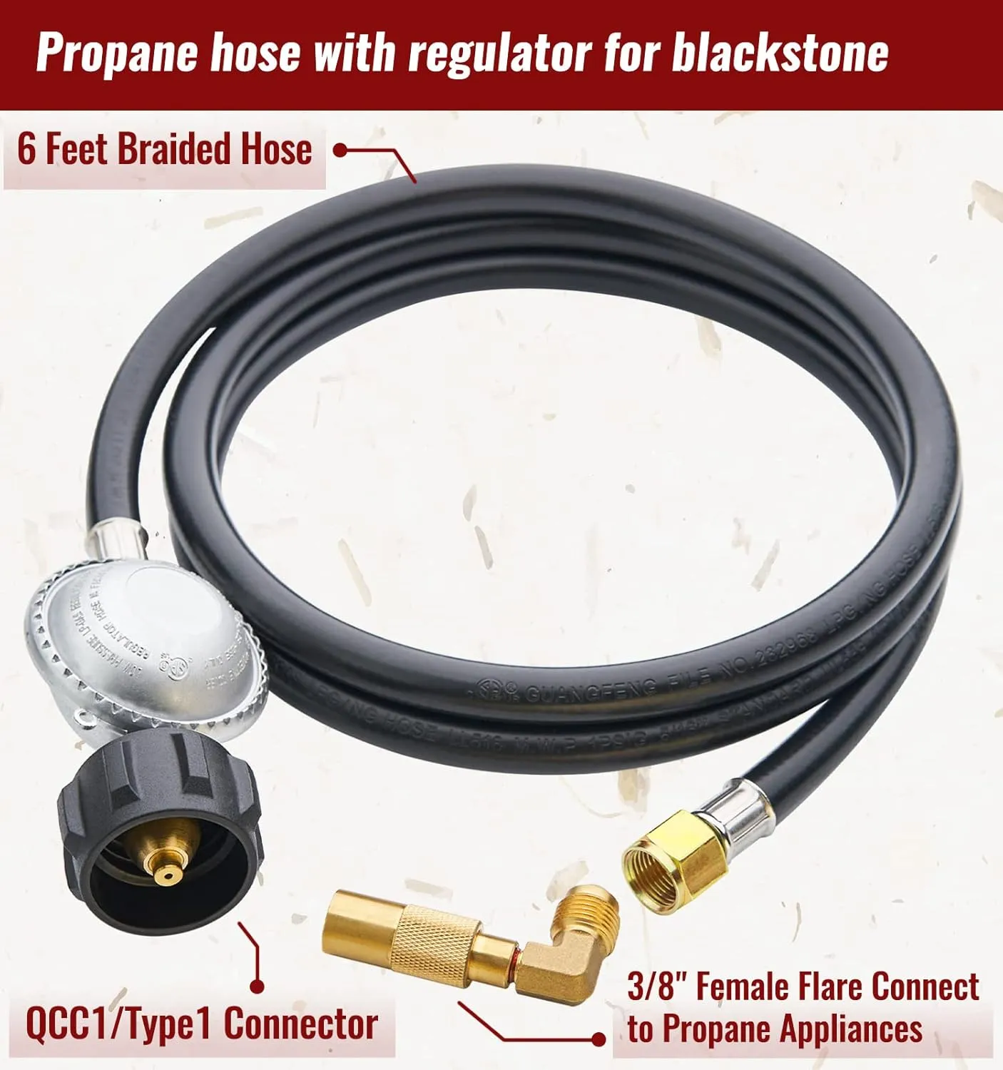 6 Feet Low Pressure Propane Hose with Regulator, Universal Grill Regulator Hose with 90 Degree Elbow Adaptor for Blackstone 17”/22” Blackstone Tabletop Griddle