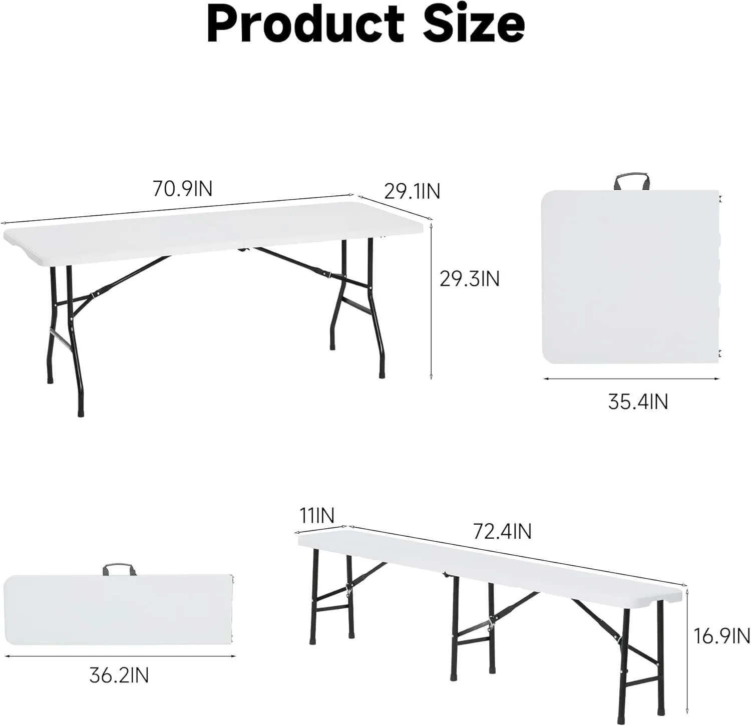 6 FT White Picnic Folding Table Set with 2 Benches, Portable Patio Dining Sets for Backyard, Lawn, Event, Party, Camping