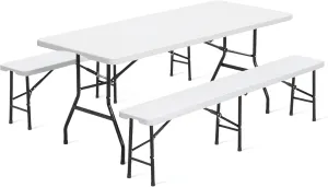 6 FT White Picnic Folding Table Set with 2 Benches, Portable Patio Dining Sets for Backyard, Lawn, Event, Party, Camping