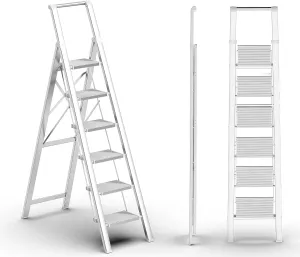 6 Step Ladder, Folding Step Stool with Handgrip and Anti-Slip Wide Pedal, Portable Lightweight Aluminum Stepladder for Kitchen, Home, Library, Office (300 lbs Capacity) - White