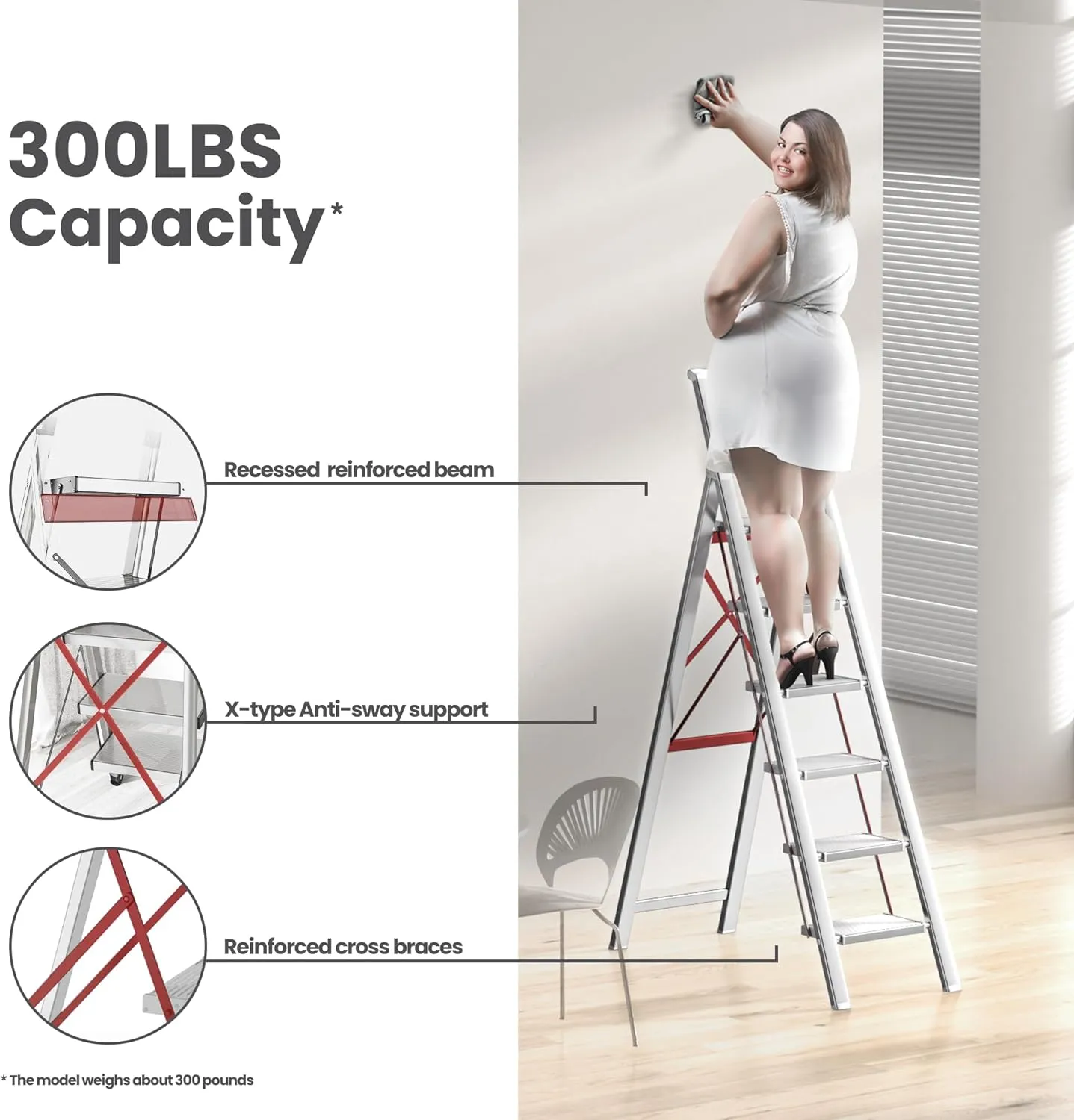 6 Step Ladder, Folding Step Stool with Handgrip and Anti-Slip Wide Pedal, Portable Lightweight Aluminum Stepladder for Kitchen, Home, Library, Office (300 lbs Capacity) - White