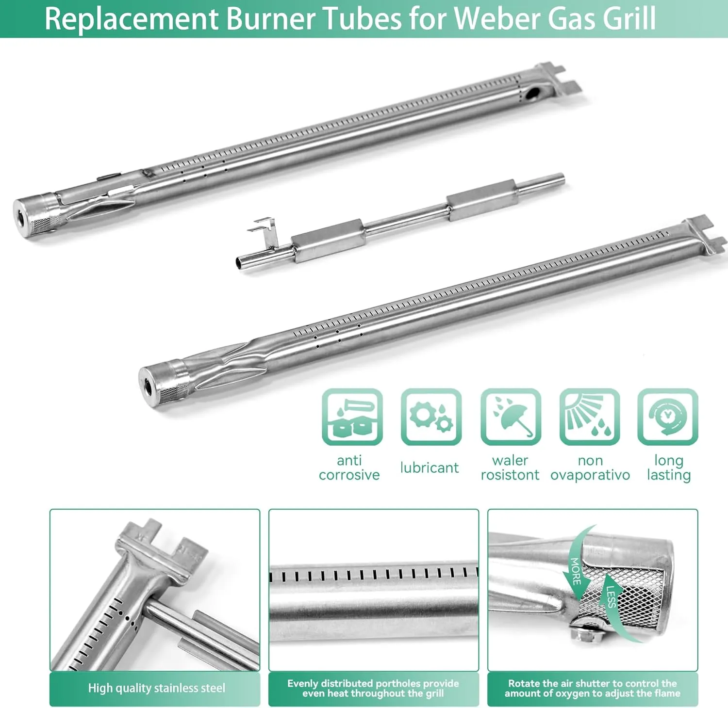 69785 Grill Burner Tubes & 7635 Flavorizer Bars for Weber Spirit I II 200 Spirit E210, E220, S210, S220 with Front Control, Grill Replacement Parts for Weber 15.3 Inch Heat Plate and 18" Burner