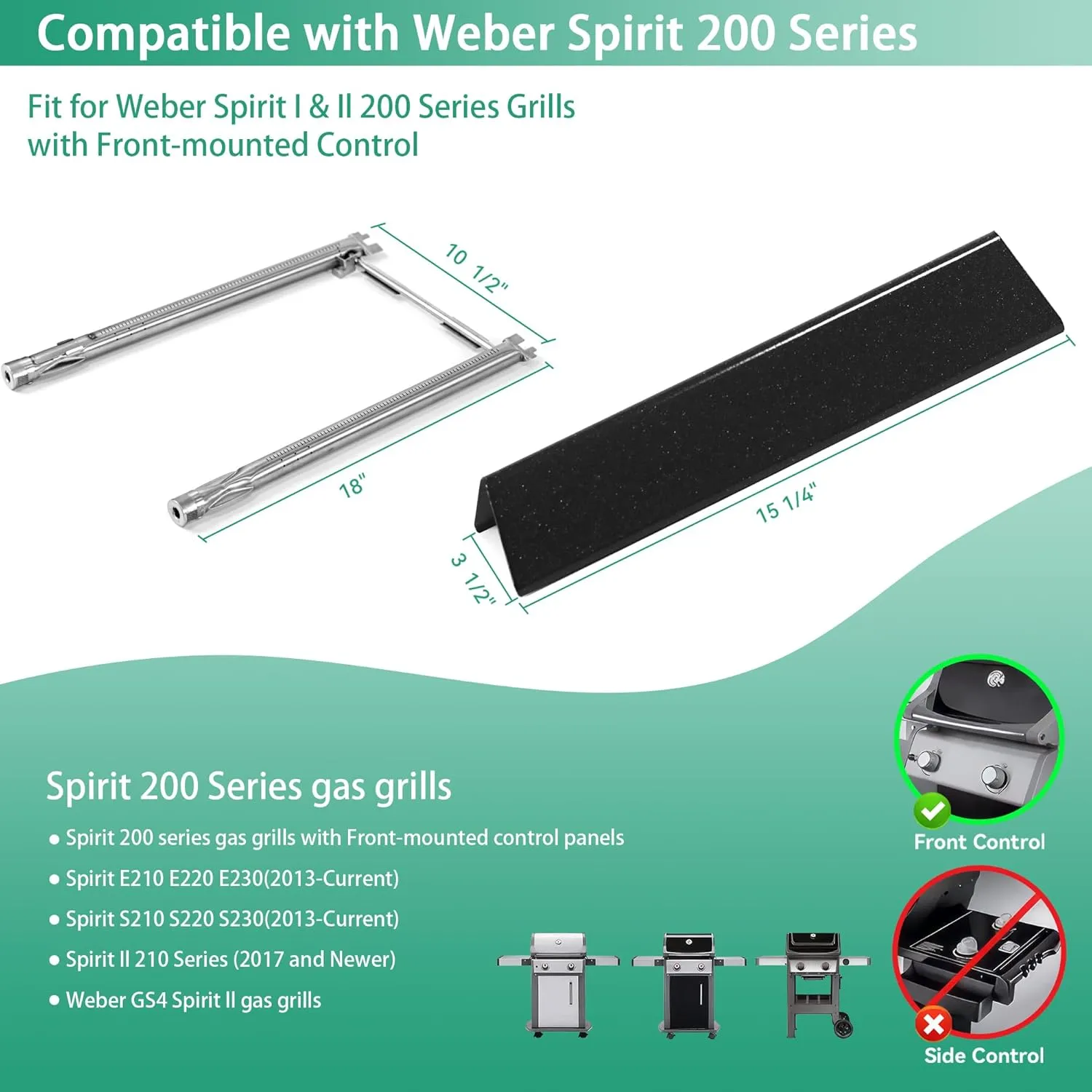 69785 Grill Burner Tubes & 7635 Flavorizer Bars for Weber Spirit I II 200 Spirit E210, E220, S210, S220 with Front Control, Grill Replacement Parts for Weber 15.3 Inch Heat Plate and 18" Burner
