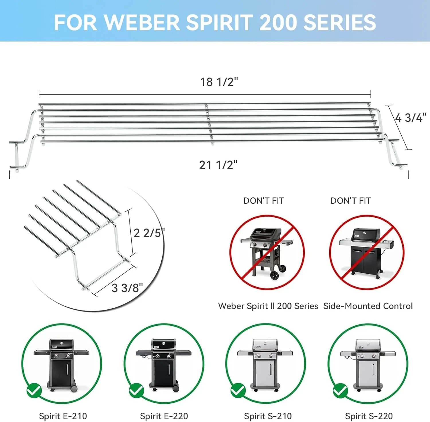 69866 Warming Rack for Weber Spirit I & GS4 Spirit II 200 Series E210 S210 E220 S220 Gas Grill with Up Front Control, 21.5 inch Grill Upper Rack for Weber Spirit 2 200 Grill, 67026 Replacement parts