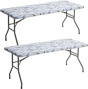 6ft Picnic Table Cover Rectangle, Vinyl Fitted Tablecloth with Elastic Edge, 30’’x72’’ Waterproof Reusable Table Cloth for Indoor Outdoor Home Camping Picnic Party, Feather Printed Design, 2 Pack