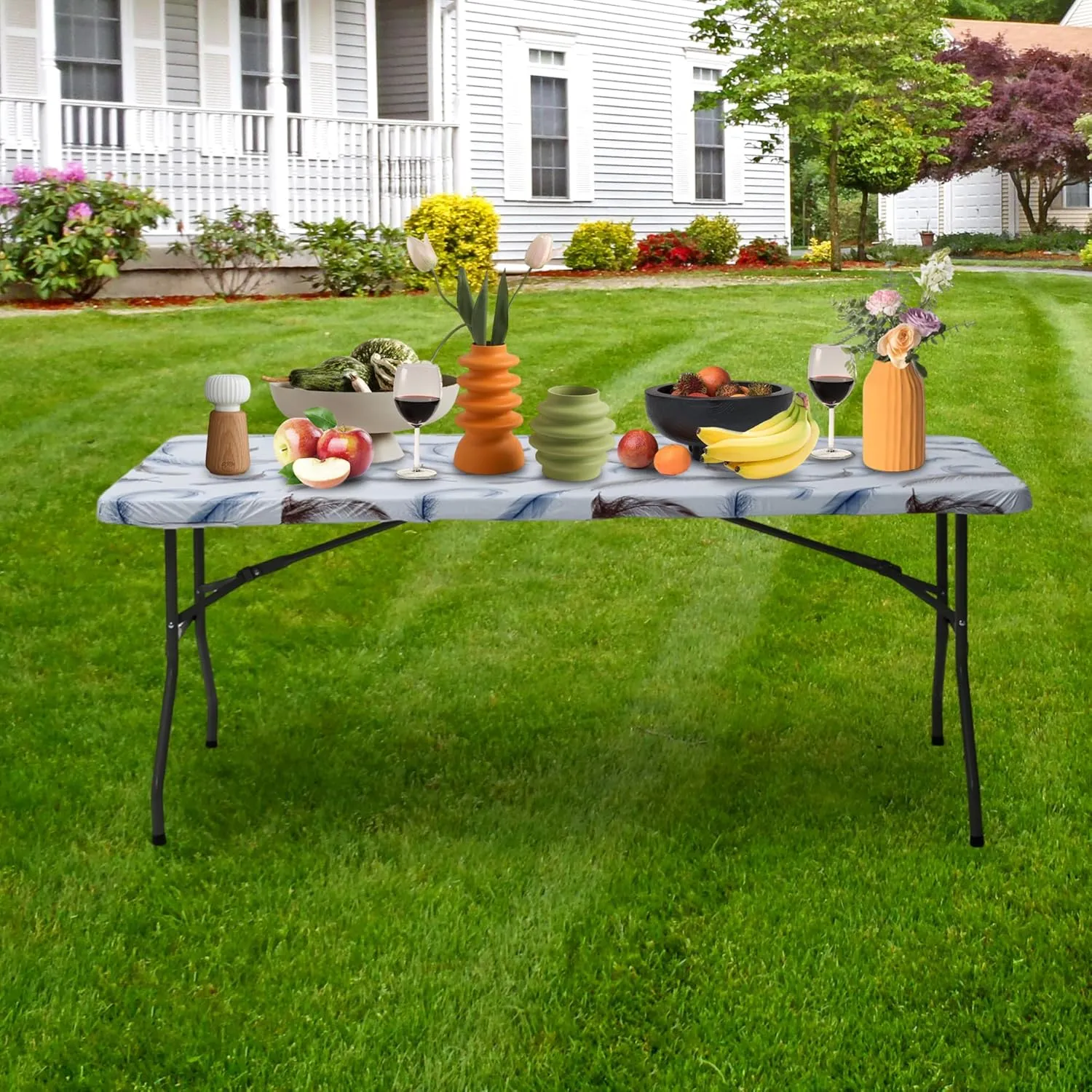 6ft Picnic Table Cover Rectangle, Vinyl Fitted Tablecloth with Elastic Edge, 30’’x72’’ Waterproof Reusable Table Cloth for Indoor Outdoor Home Camping Picnic Party, Feather Printed Design, 2 Pack