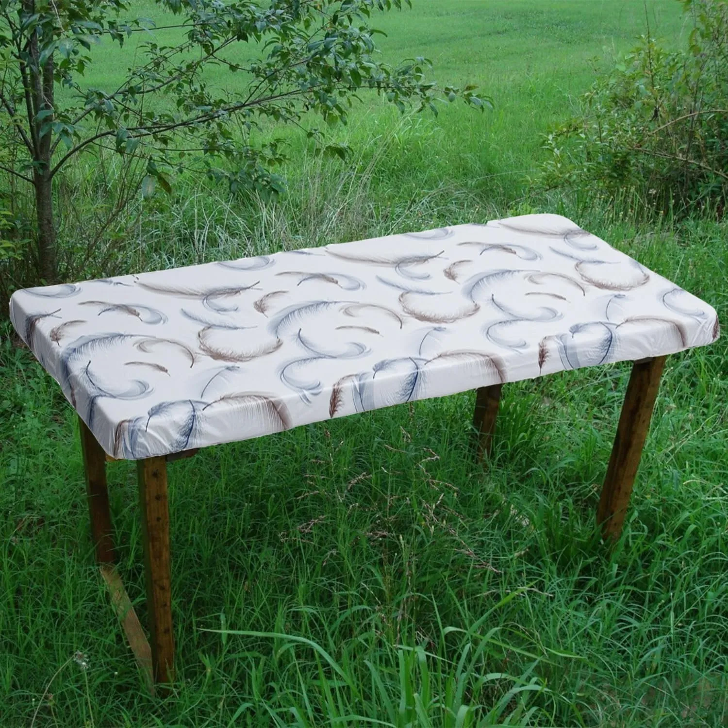 6ft Picnic Table Cover Rectangle, Vinyl Fitted Tablecloth with Elastic Edge, 30’’x72’’ Waterproof Reusable Table Cloth for Indoor Outdoor Home Camping Picnic Party, Feather Printed Design, 2 Pack