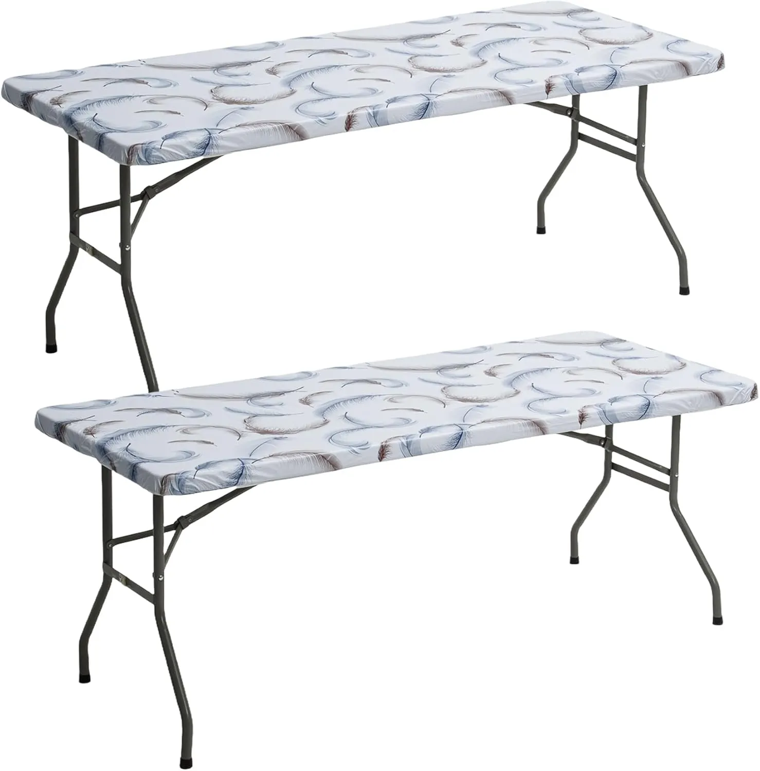 6ft Picnic Table Cover Rectangle, Vinyl Fitted Tablecloth with Elastic Edge, 30’’x72’’ Waterproof Reusable Table Cloth for Indoor Outdoor Home Camping Picnic Party, Feather Printed Design, 2 Pack