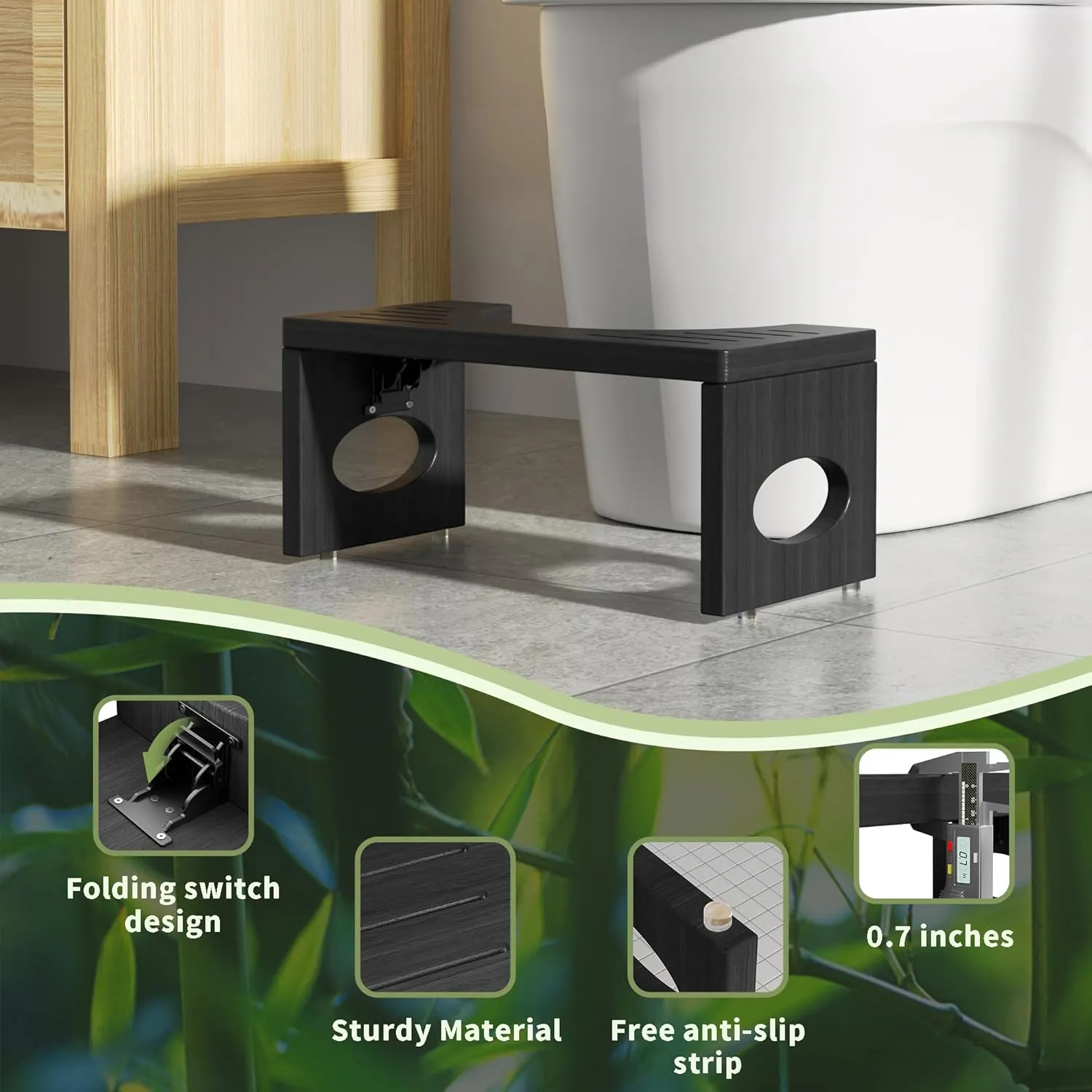 7 Inch Bamboo Toilet Stool, Foldable Poop Stool, Bathroom Step Stool Squat (Black)