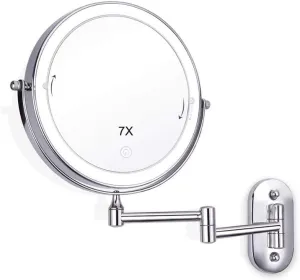 8 Inch Makeup Mirror, 7X Wall Mounted Magnifying Vanity Mirror with Lights 360 Degree Rotation Adjustable Extending Folding Bathroom Mirror for Dressing Table,