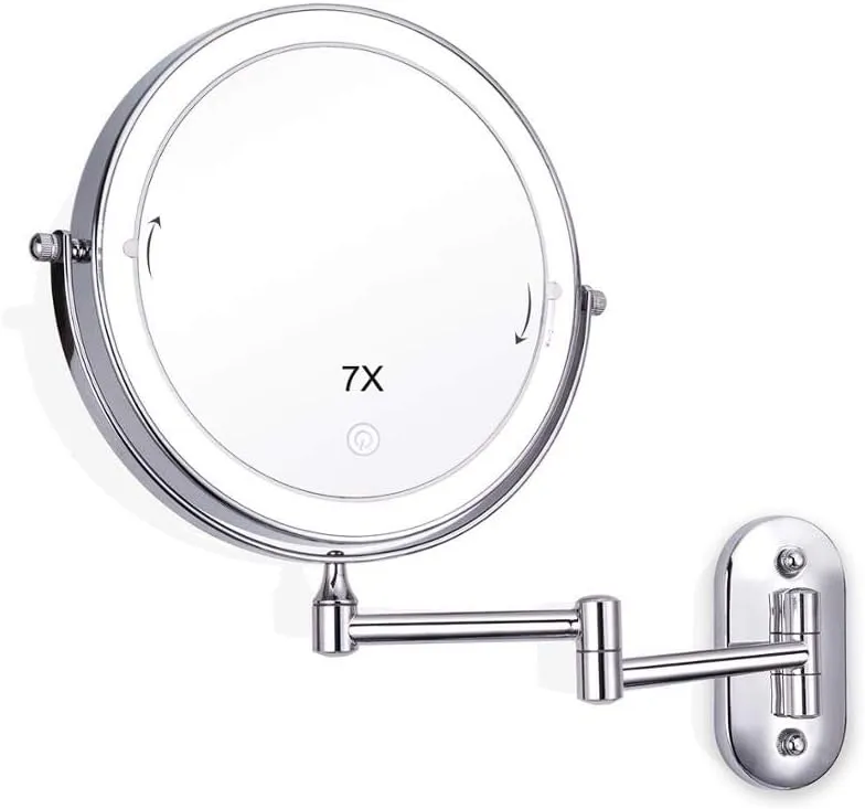 8 Inch Makeup Mirror, 7X Wall Mounted Magnifying Vanity Mirror with Lights 360 Degree Rotation Adjustable Extending Folding Bathroom Mirror for Dressing Table,