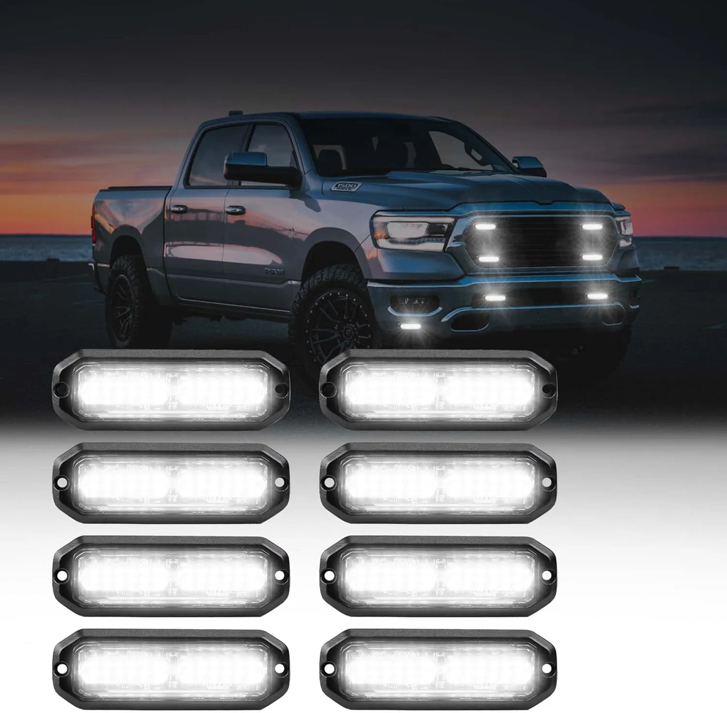 8pcs Ultra Slim White 12-LED Surface Mount Grille Flash side marker Emergency Strobe Lights,Grill Warning Police Lights Hazard Beacon Flashing Caution Light for Vehicles Motorcycles 12V-24V