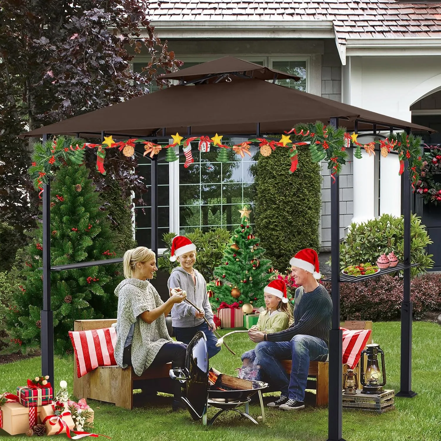 ABCCANOPY 8x5 Grill Gazebo - Outdoor BBQ Canopy Shelter with Led Light for Patio Backyard Grilling (Brown)