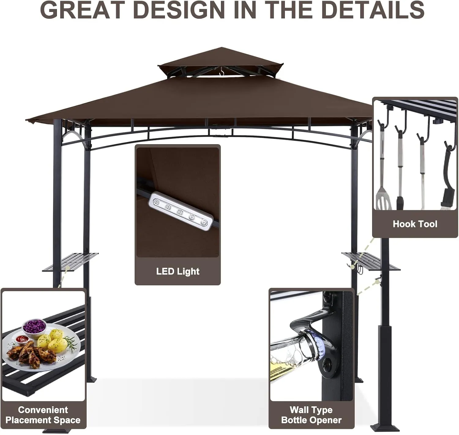 ABCCANOPY 8x5 Grill Gazebo - Outdoor BBQ Canopy Shelter with Led Light for Patio Backyard Grilling (Brown)