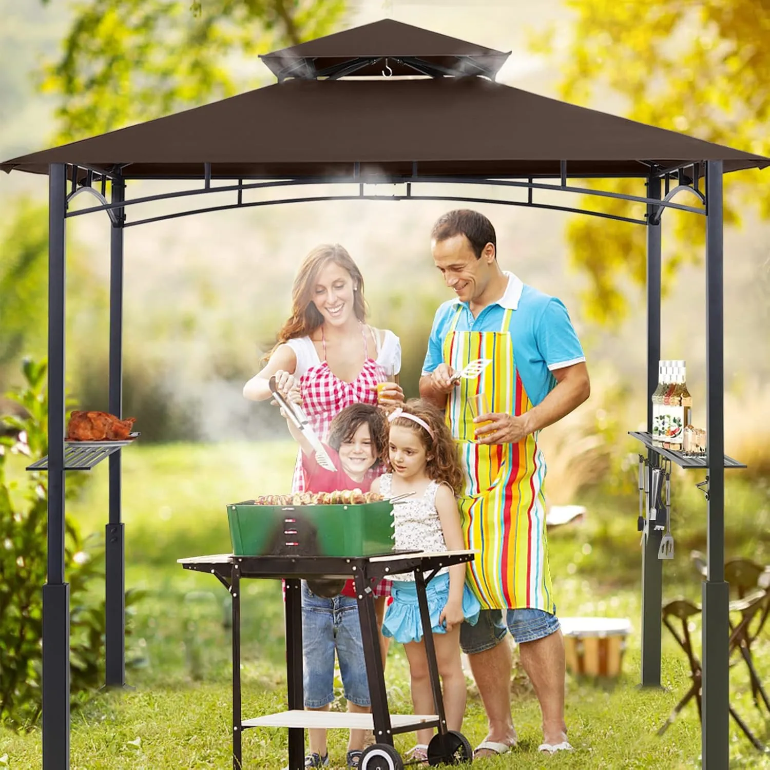 ABCCANOPY 8x5 Grill Gazebo - Outdoor BBQ Canopy Shelter with Led Light for Patio Backyard Grilling (Brown)