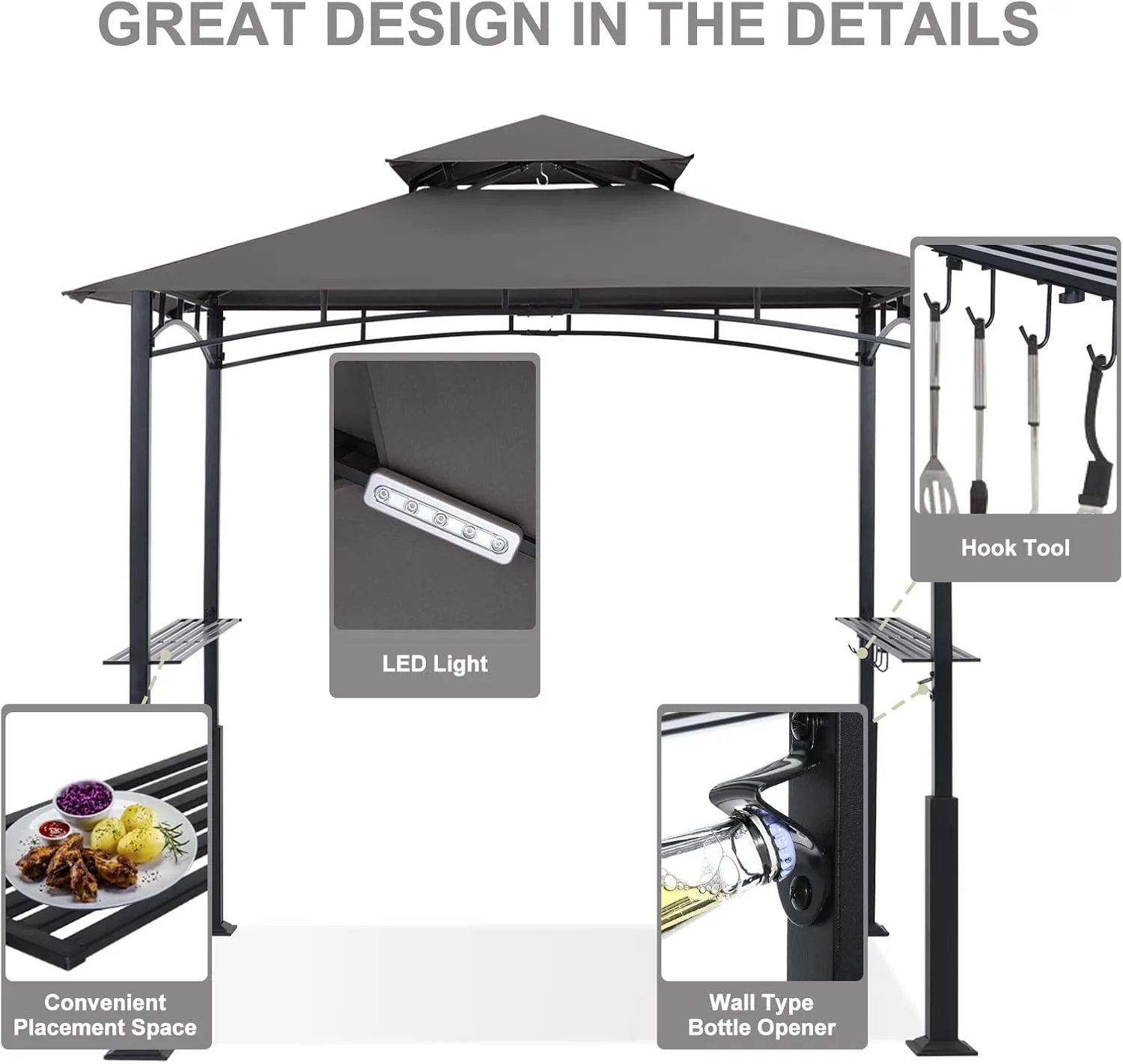 ABCCANOPY 8x5 Grill Gazebo - Outdoor BBQ Canopy Shelter with Led Light for Patio Backyard Grilling (Dark Gray)