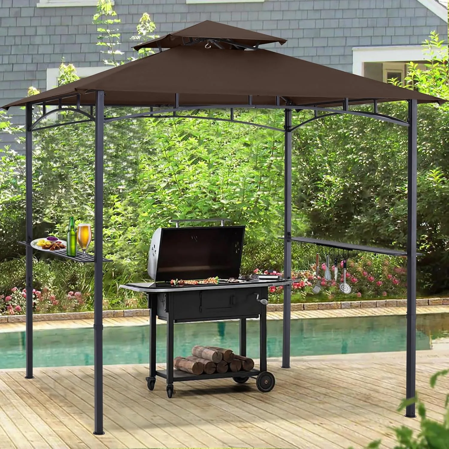 ABCCANOPY 8x5 Grill Gazebo Shelter, Outdoor BBQ Gazebo Canopy with LED Light(Coffee)