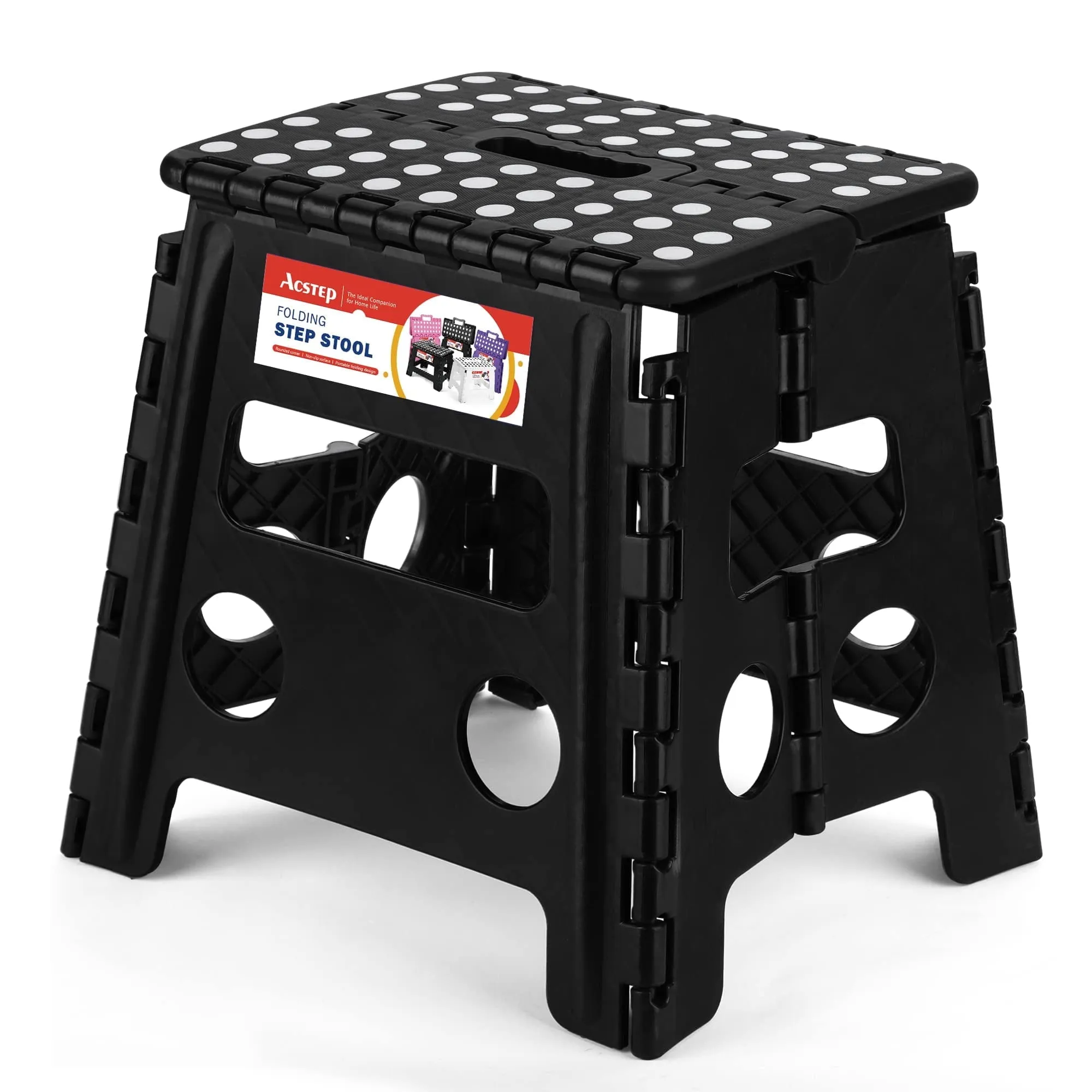 ACSTEP Folding Step Stool 13'' Tall Kids Step Stool Plastic Step Stools with Non-Slip Surface - Black
