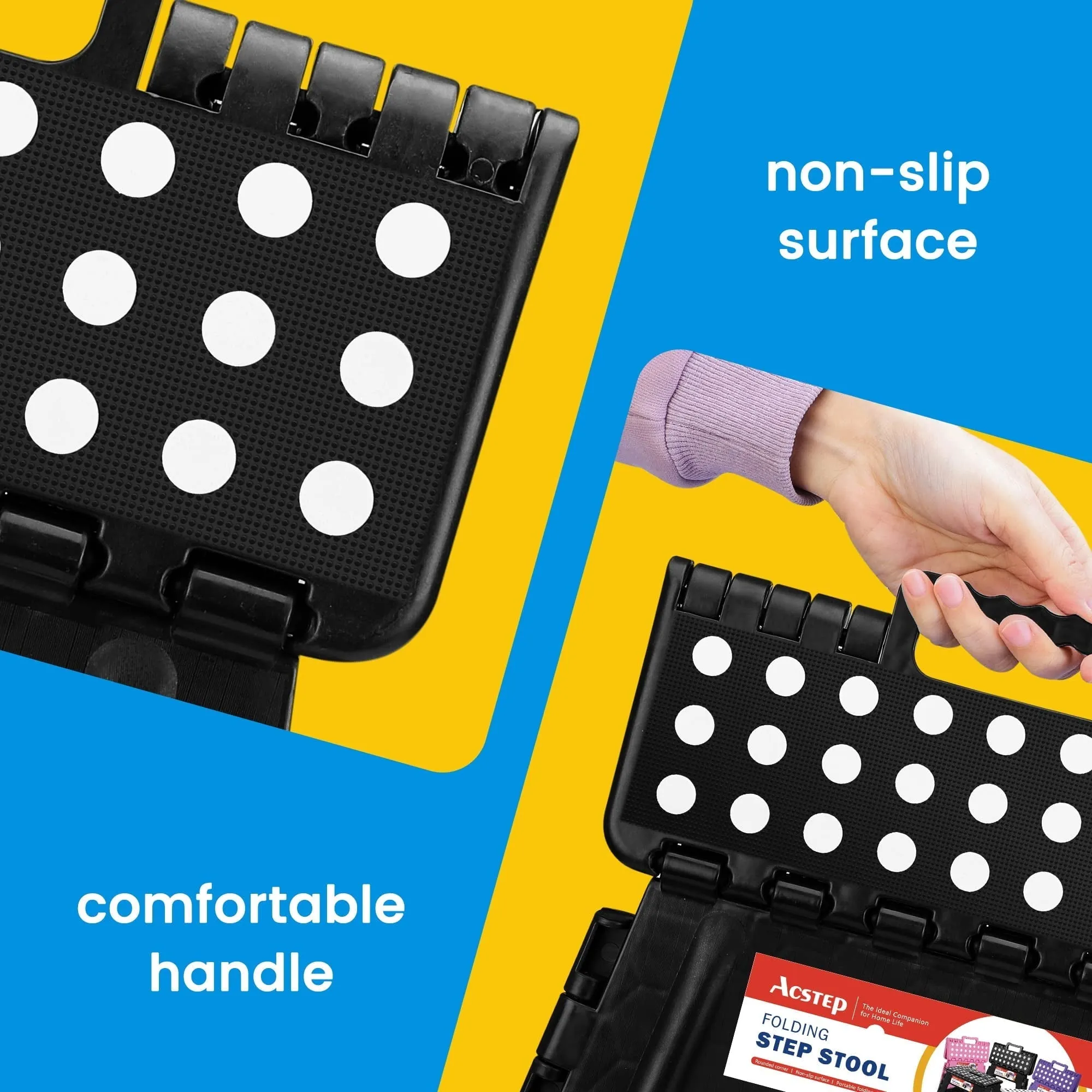 ACSTEP Folding Step Stool 13'' Tall Kids Step Stool Plastic Step Stools with Non-Slip Surface - Black