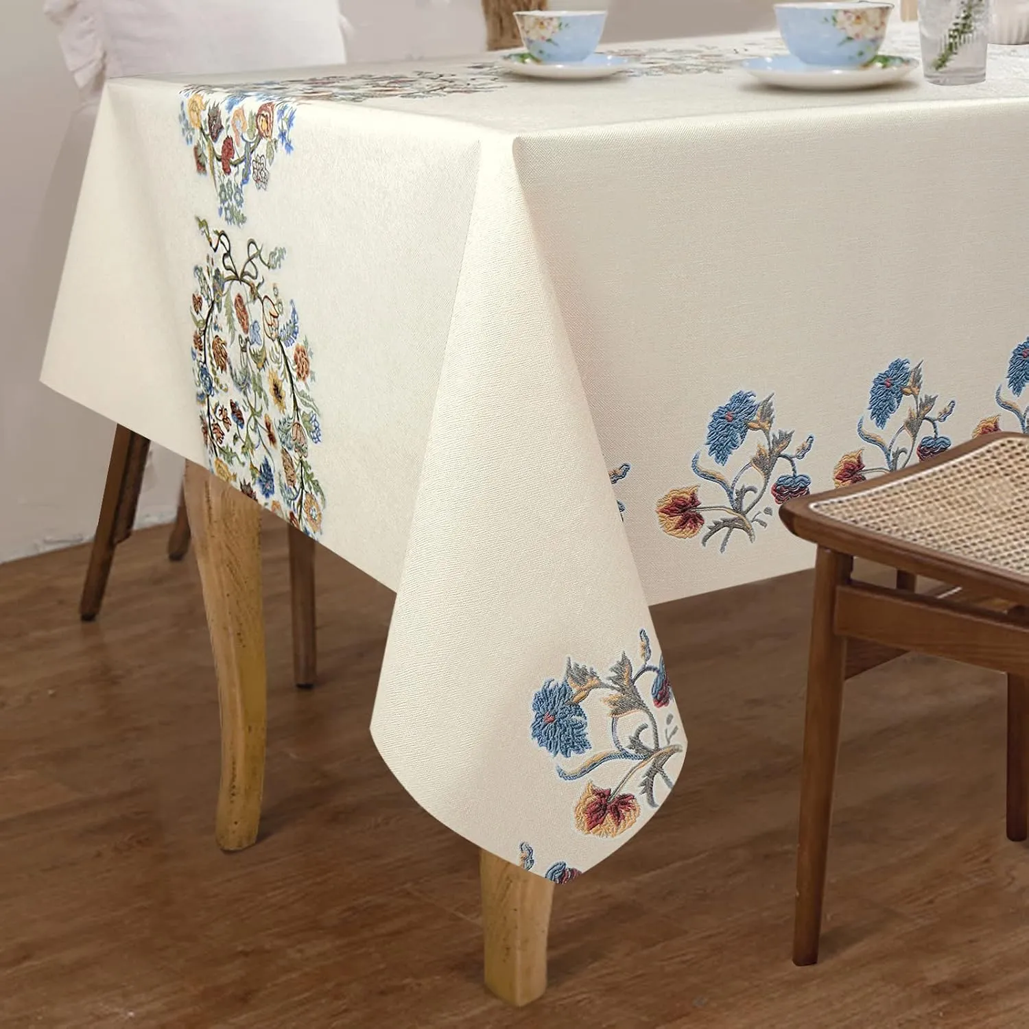 AIRCOWRIE Waterproof Vinyl Tablecloths, Heavy Duty Oil Proof Spill Proof Plastic Table Cloth, Wipe Clean PVC Table Cover for Spring Indoor and Outdoor Use (Embroidery Flower, 54”×108”, Rectangle)