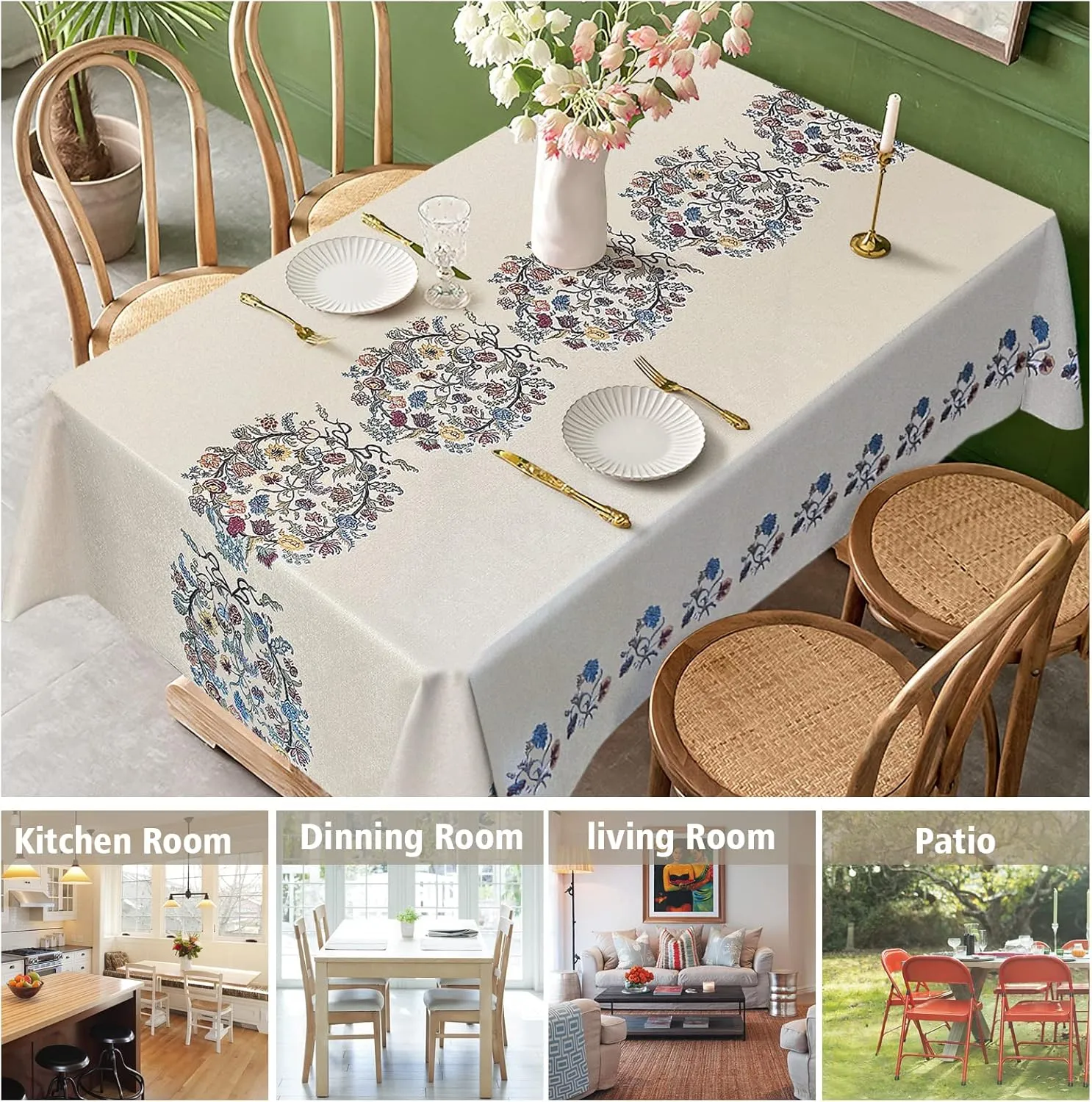 AIRCOWRIE Waterproof Vinyl Tablecloths, Heavy Duty Oil Proof Spill Proof Plastic Table Cloth, Wipe Clean PVC Table Cover for Spring Indoor and Outdoor Use (Embroidery Flower, 54”×108”, Rectangle)