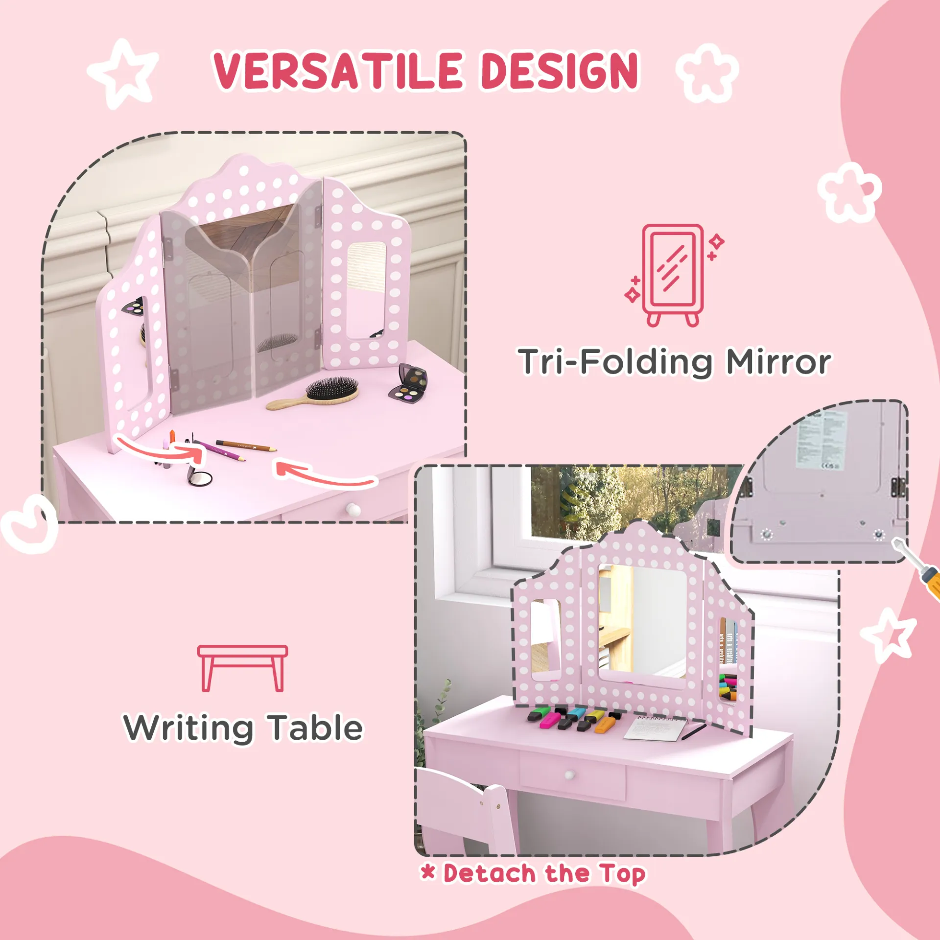 AIYAPLAY Kids Dressing Table Sets with Stool and Tri-Fold Mirror, Drawer for Playroom, Bedroom in Pink