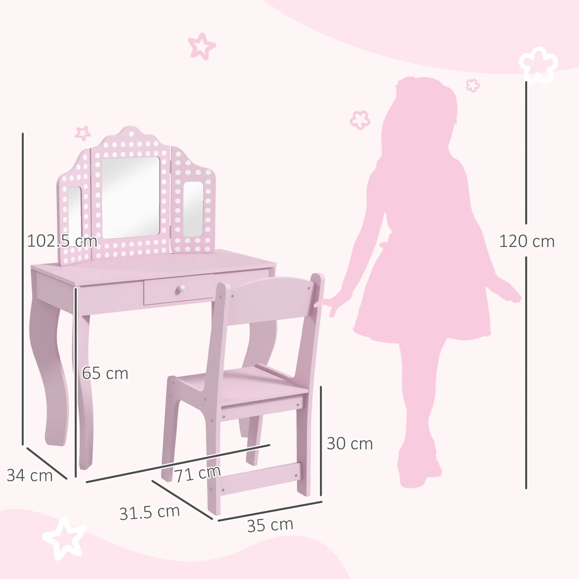 AIYAPLAY Kids Dressing Table Sets with Stool and Tri-Fold Mirror, Drawer for Playroom, Bedroom in Pink