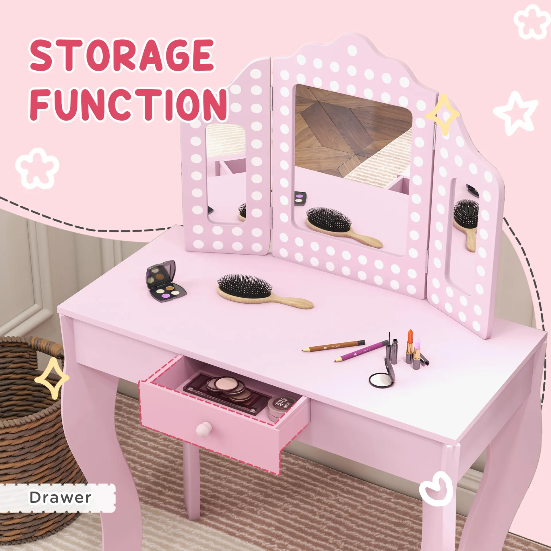 AIYAPLAY Kids Dressing Table Sets with Stool and Tri-Fold Mirror, Drawer for Playroom, Bedroom in Pink
