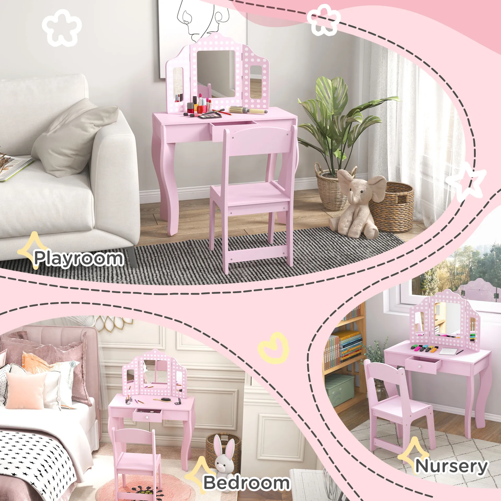AIYAPLAY Kids Dressing Table Sets with Stool and Tri-Fold Mirror, Drawer for Playroom, Bedroom in Pink