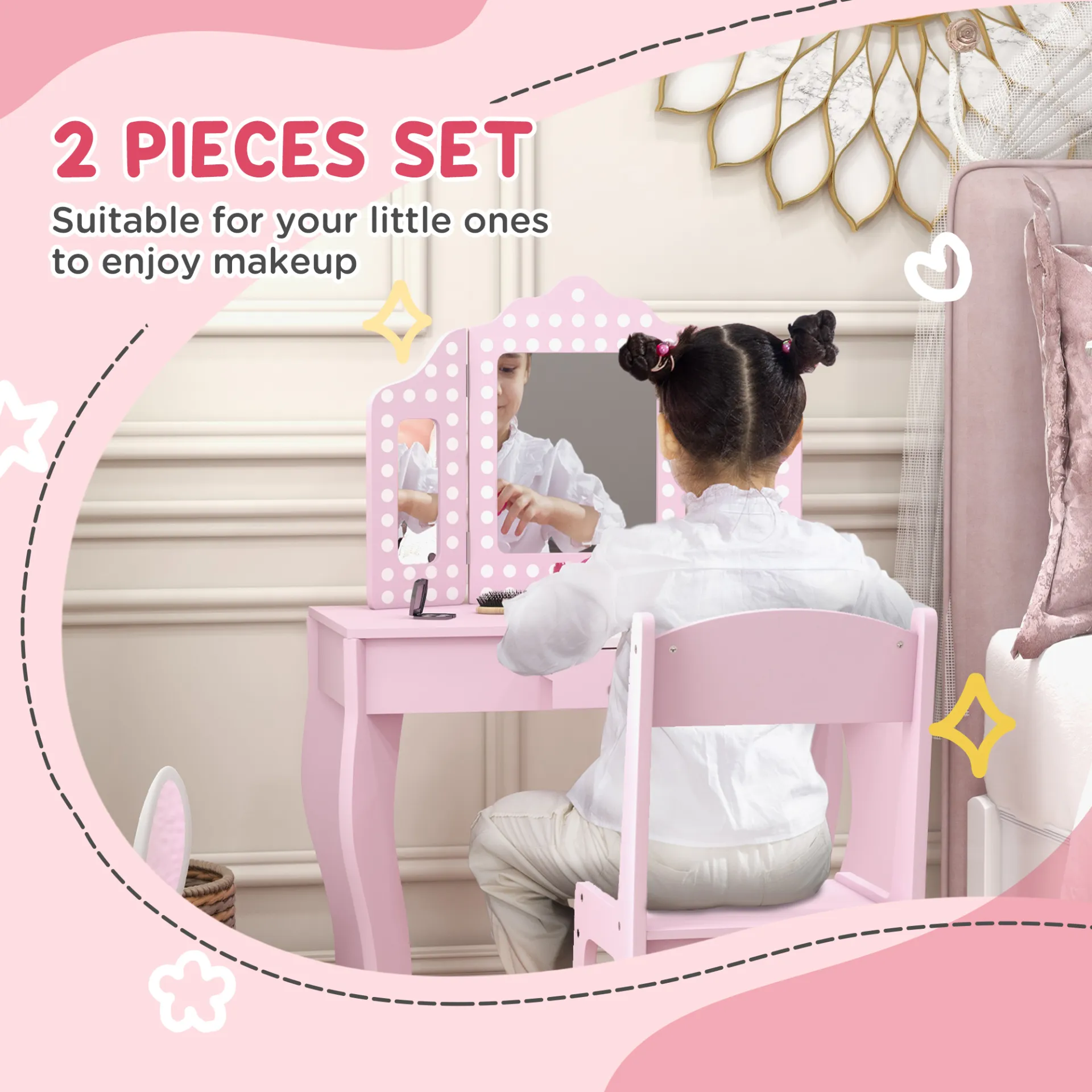 AIYAPLAY Kids Dressing Table Sets with Stool and Tri-Fold Mirror, Drawer for Playroom, Bedroom in Pink