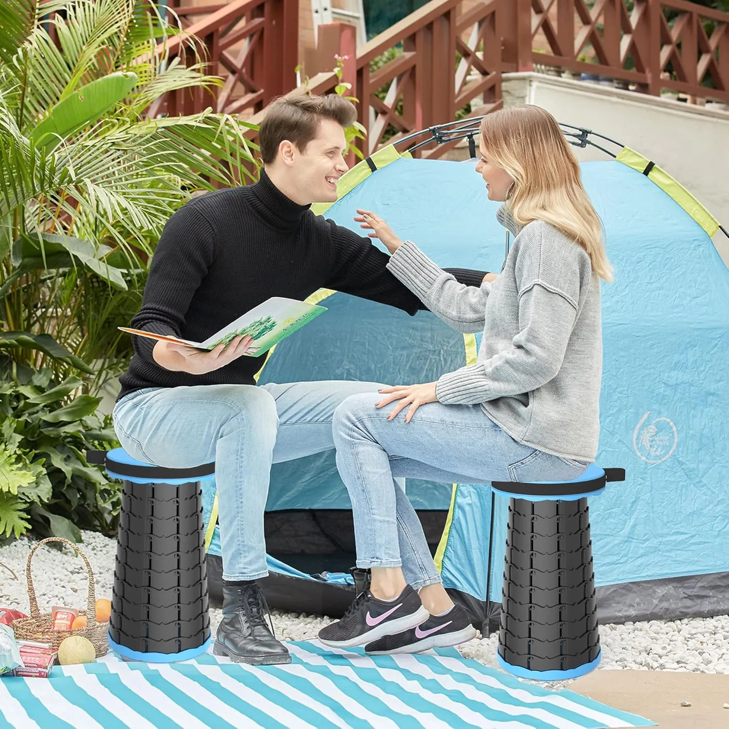 ALEVMOOM Camping Stool with Cushion,Portable Telescoping More Sturdy Capacity 440Ib,Retractable Collapsible Adjustable Folding Stool for Hiking Fishing Garden BBQ