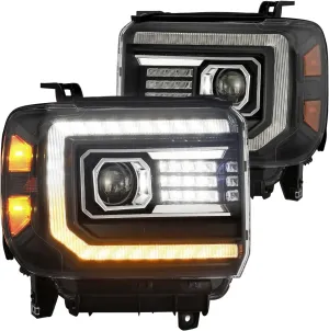 AlphaRex 14-18 GMC Sierra PRO-Series Proj Headlights Plank Style Black w/Activ Light/Seq Signal/DRL