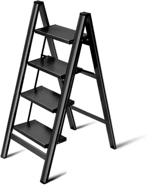 Aluminum Alloy Flower Stand Home Multi-Functional Stair Stool Portable Folding Single-Sided Herringbone Ladder, 3-Step ladder/4-step Ladder (Color : Black, Size : 4 Steps)