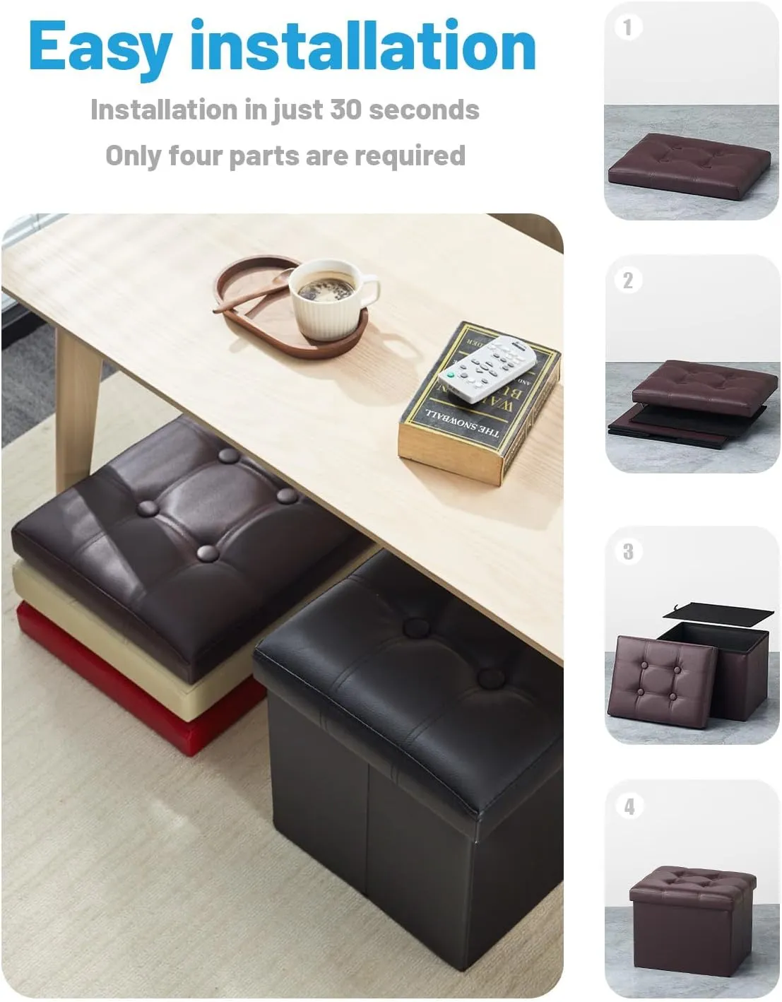 AmasSmile 2PC Storage Ottoman Folding Foot Rest Stool with Side Pocket, 16 inch Leather Footstool Bench, Short Ottoman Bench, Storage Foot Rest Store, Books, Brown
