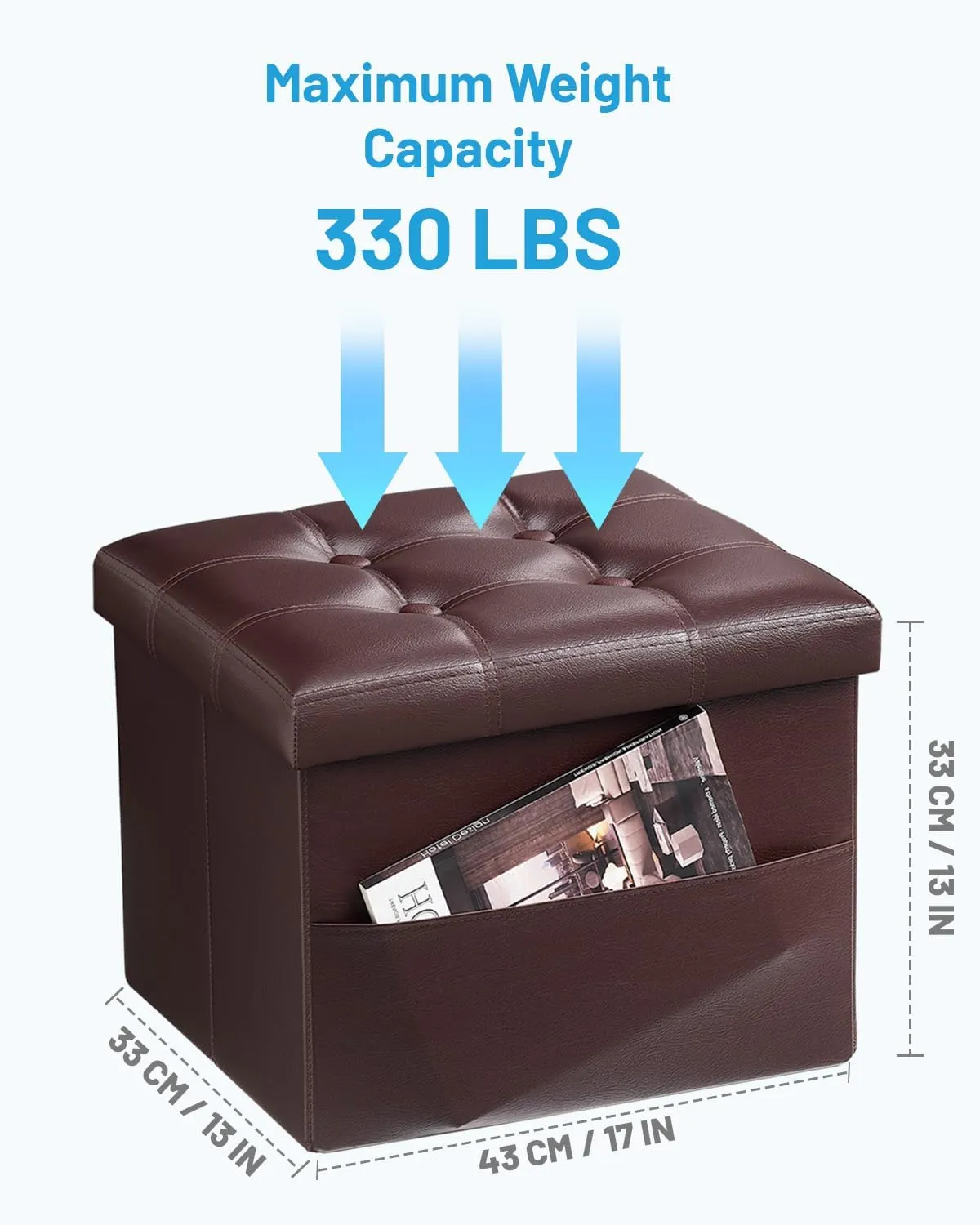 AmasSmile 2PC Storage Ottoman Folding Foot Rest Stool with Side Pocket, 16 inch Leather Footstool Bench, Short Ottoman Bench, Storage Foot Rest Store, Books, Brown
