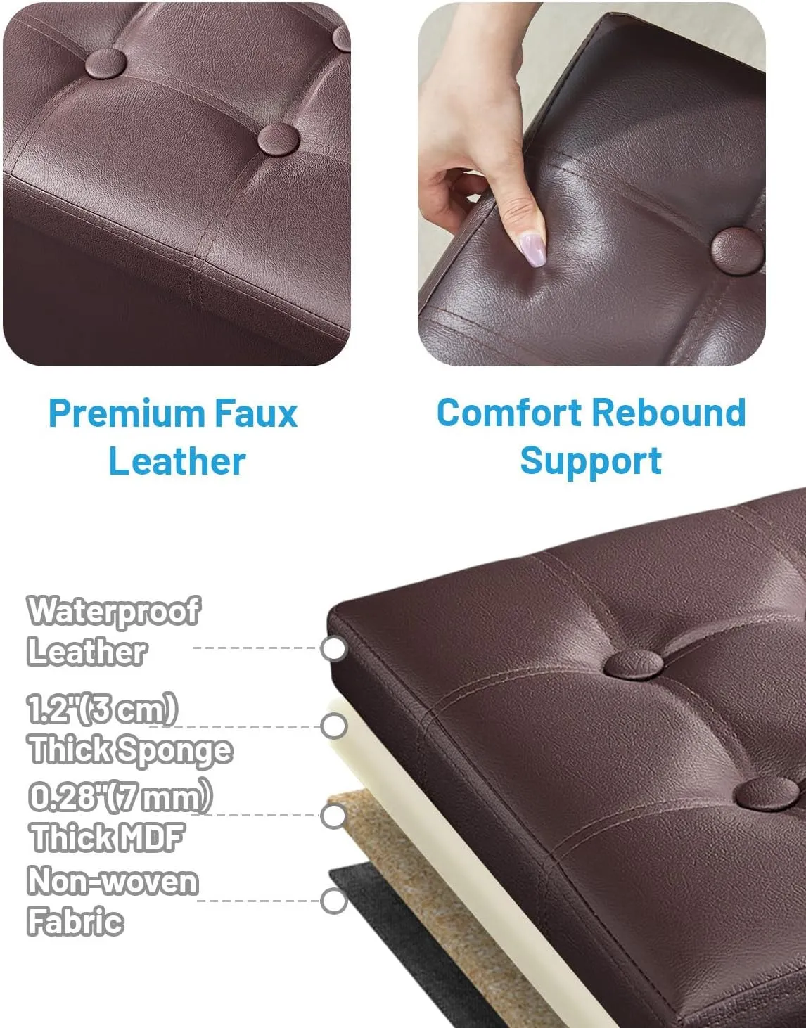 AmasSmile 2PC Storage Ottoman Folding Foot Rest Stool with Side Pocket, 16 inch Leather Footstool Bench, Short Ottoman Bench, Storage Foot Rest Store, Books, Brown