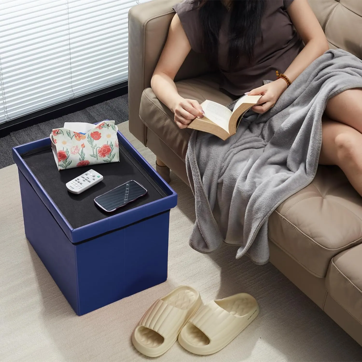 AmasSmile Storage Ottoman Folding Foot Rest Stool, Leather Footstool Bench, Short Ottoman Stool, Storage Foot Rest Store, Books (Blue-2pc, 13" D x 17" W x 13" H)