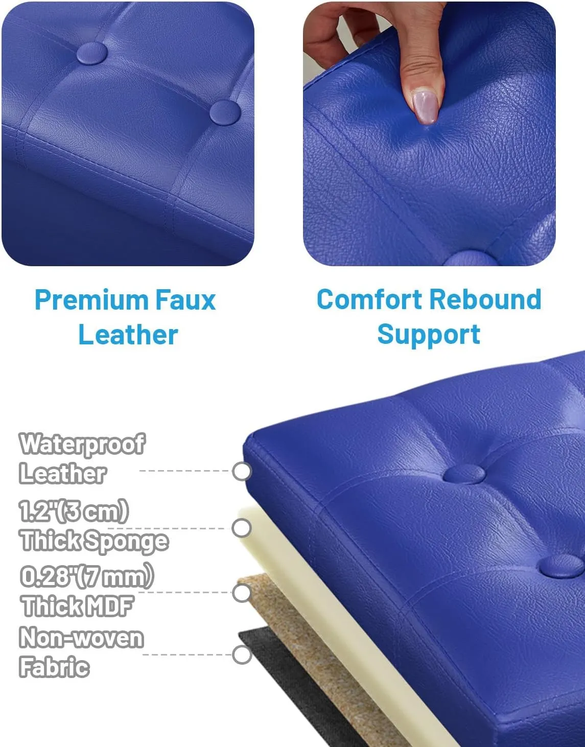 AmasSmile Storage Ottoman Folding Foot Rest Stool, Leather Footstool Bench, Short Ottoman Stool, Storage Foot Rest Store, Books (Blue-2pc, 13" D x 17" W x 13" H)