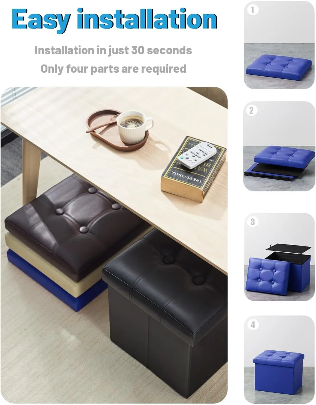 AmasSmile Storage Ottoman Folding Foot Rest Stool, Leather Footstool Bench, Short Ottoman Stool, Storage Foot Rest Store, Books (Blue-2pc, 13" D x 17" W x 13" H)
