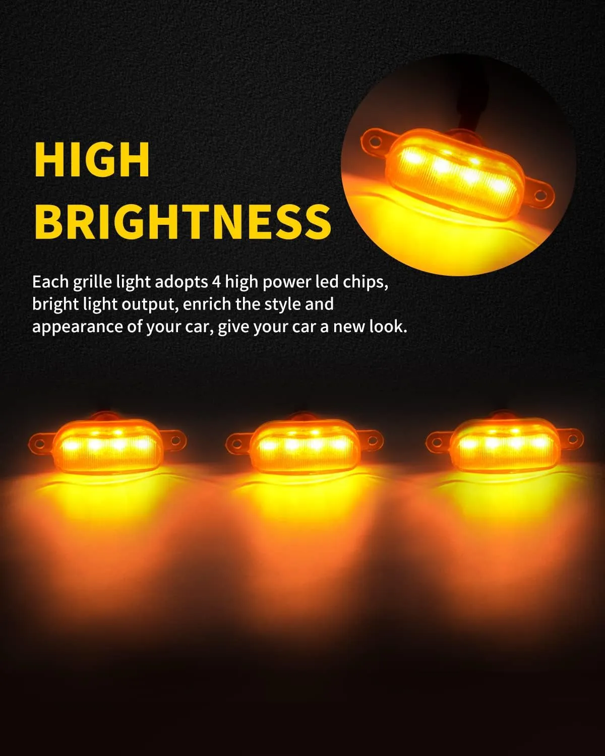 Amber LED Lights 3PCS Front Grille Raptor Lamps Car Accessories with Harness and Fuse, Compatible with 2004-2019 for-d F150 & 2013-2018 Ram 1500 Raptor Style Aftermarket Grille
