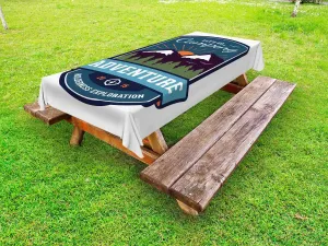 Ambesonne Adventure Outdoor Tablecloth, Signboard of Camping Wilderness Exploration Mountains Illustration, Decorative Washable Picnic Table Cloth, 58" X 84", White and Multicolor