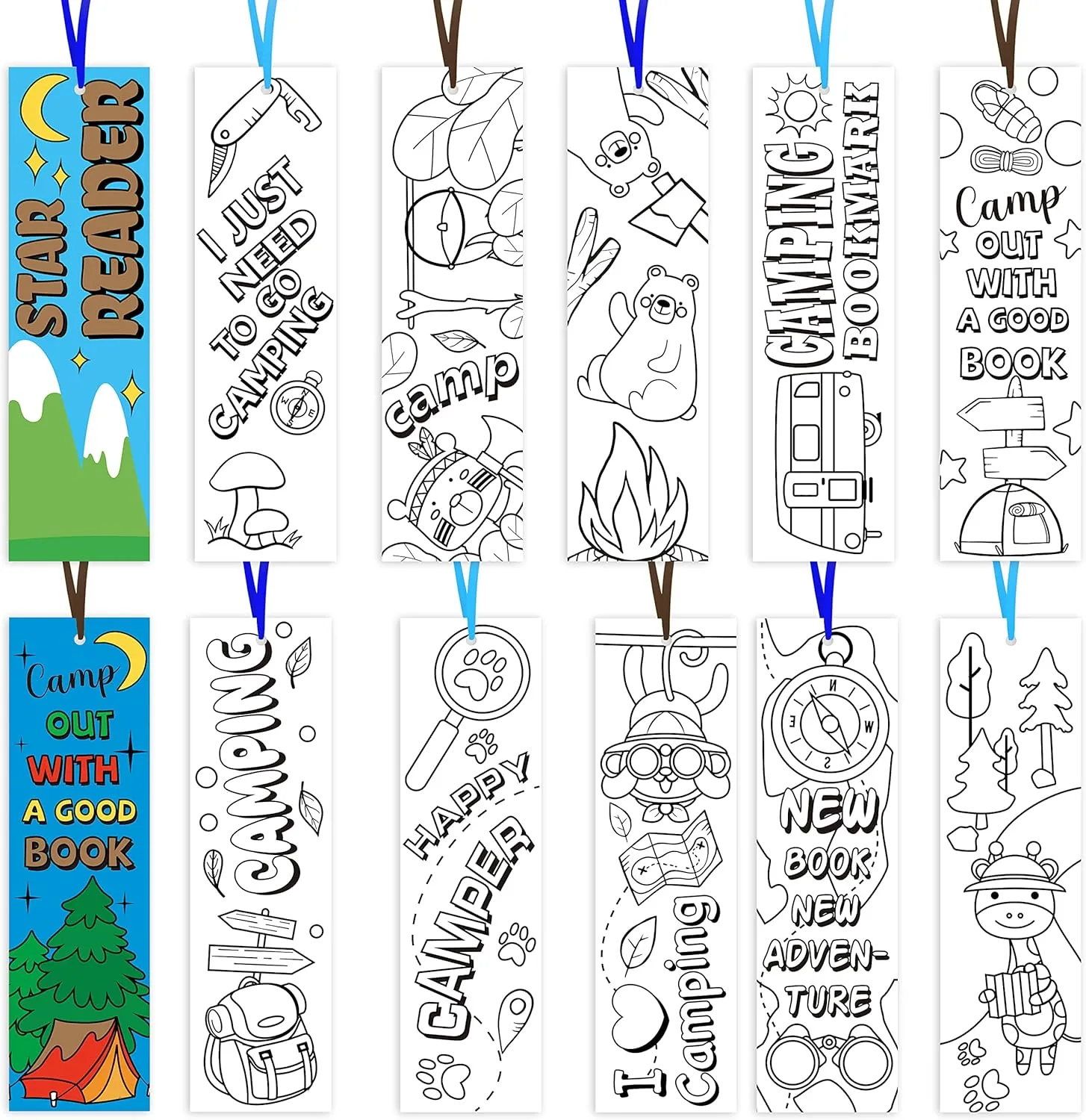 ANGOLIO 75Pcs Camping Color Your Own Bookmarks Kids DIY Coloring Blank Bookmarks Camping Party Game Prize Art Craft Supplies Birthday Goodie Bag Fillers Back to School Classroom Reading Club Rewards