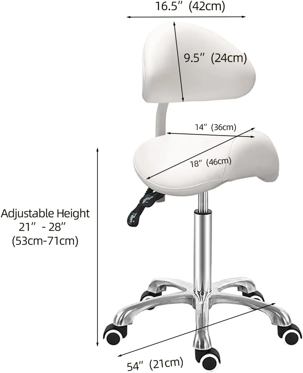 Antlu Saddle Stool Chair with Back Ergonomic Rolling Esthetician Seat for Salon Tattoo Shop Spa Dentist Clinic (Adjustable Backrest, White)
