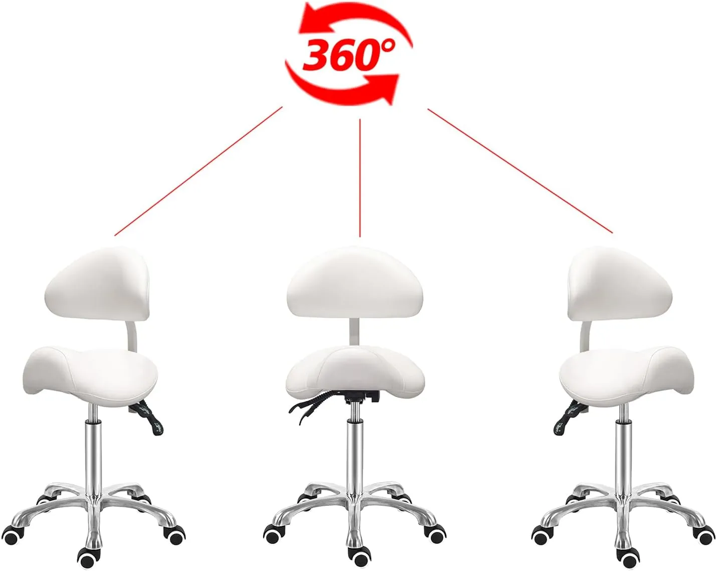 Antlu Saddle Stool Chair with Back Ergonomic Rolling Esthetician Seat for Salon Tattoo Shop Spa Dentist Clinic (Adjustable Backrest, White)